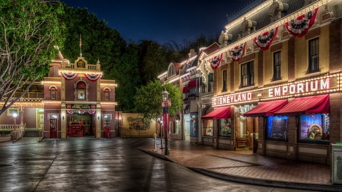 Disneyland Emporium and Fire Department at Night