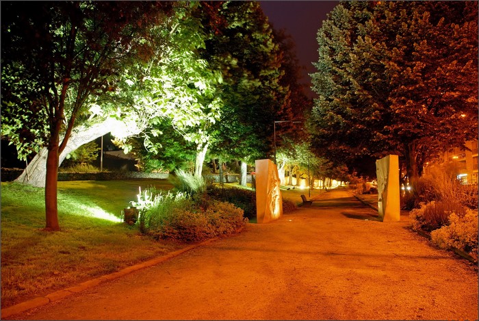 Park at night with illuminated trees and pathway in Tongeren, Belgium