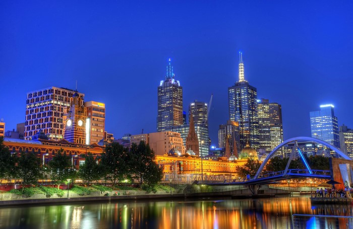 Melbourne skyline at night with Yarra River