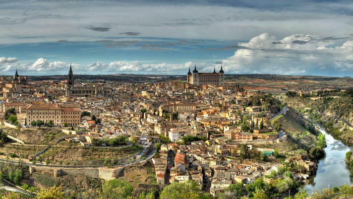 Panoramic view of Toledo, Spain with river