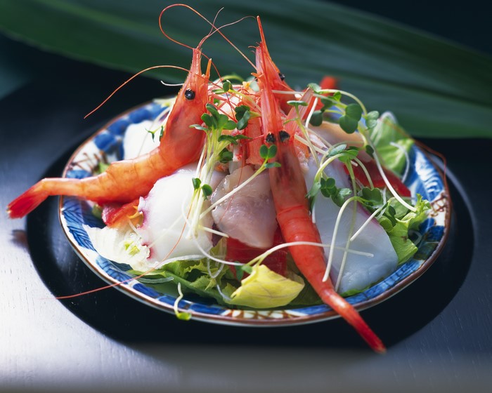 Shrimp and sashimi salad with sprouts