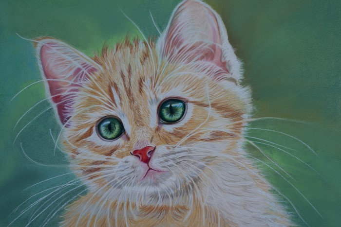 Painting of an orange tabby kitten with green eyes