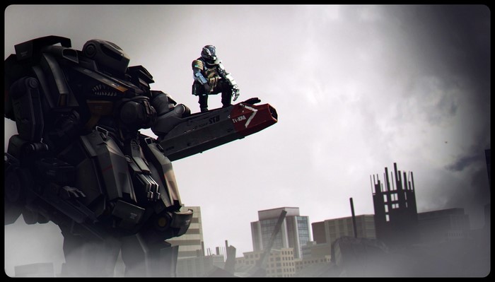Giant robot and soldier in a destroyed city