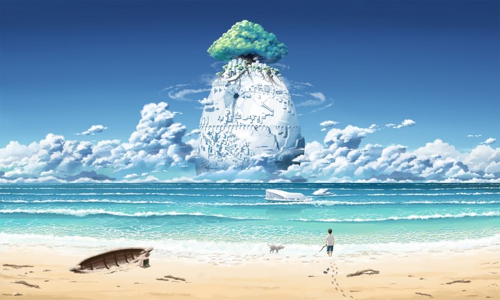 Fantastic world with a floating city and a beach