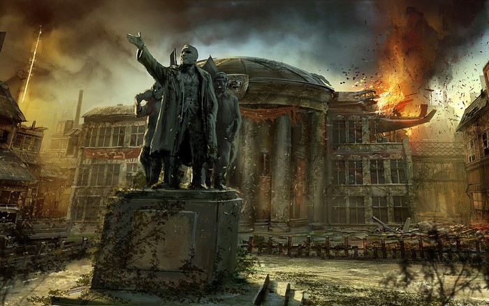 Apocalypse scene with monument and burning building