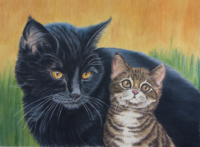 Painting of a black cat and a tabby kitten