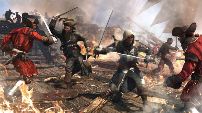 Pirates fighting on a burning ship deck in Assassin's Creed IV: Black Flag