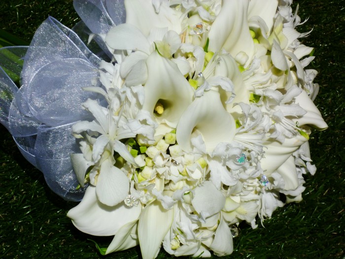 White Calla Lily and Hydrangea Wedding Bouquet with Ribbon