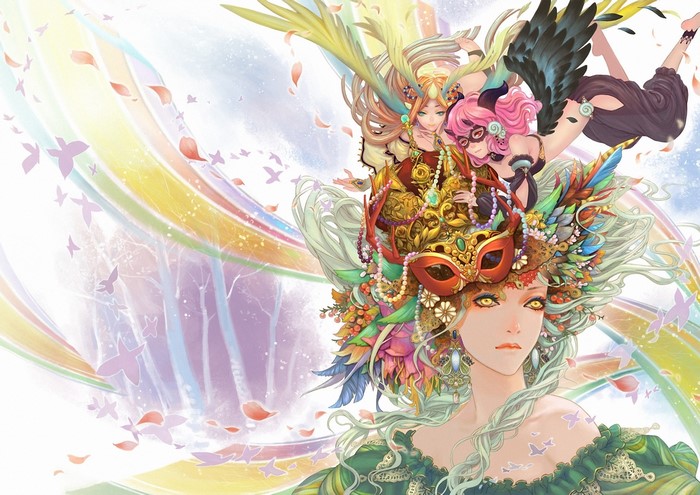 Fantasy women with elaborate masks and headdresses