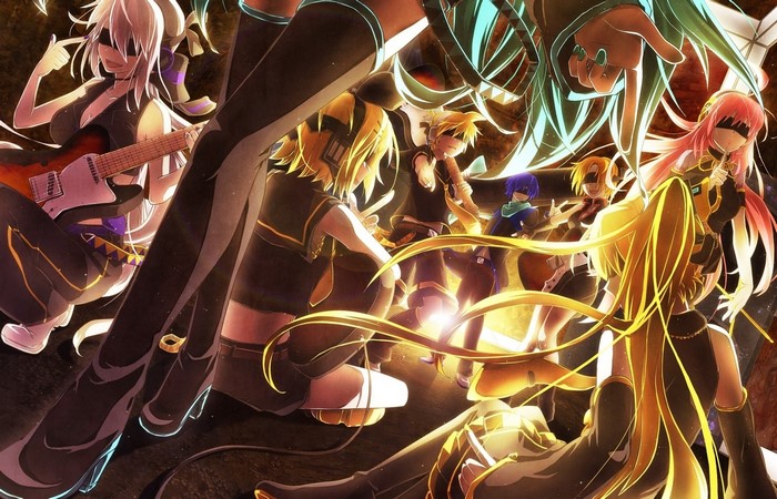 Vocaloid characters with guitars and headphones