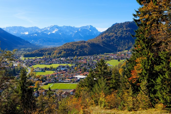 Oberau, Germany with Mountains and Spruce Trees