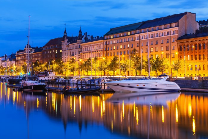 Yachts docked in Helsinki harbor at night