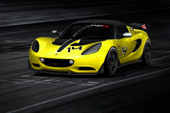 Yellow 2014 Lotus Elise S Cup R on a Race Track