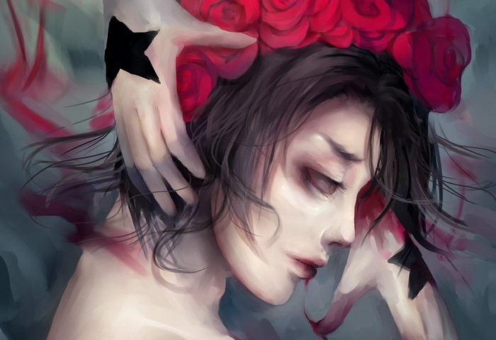 Painting of a person with roses and hands