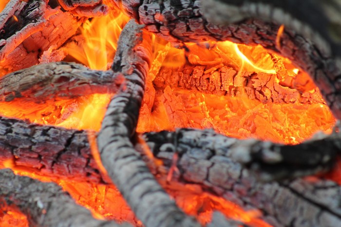 Close-up of burning logs and flames