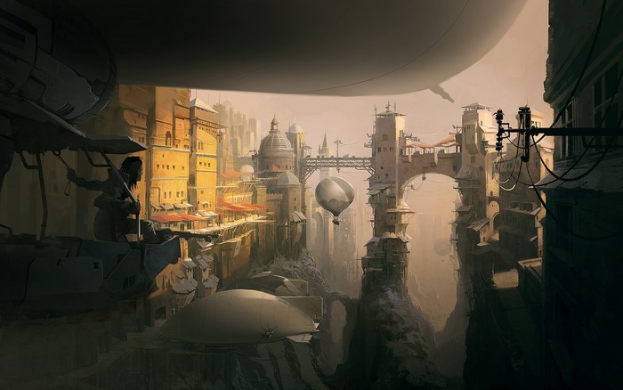 Steampunk city with airships and a young man