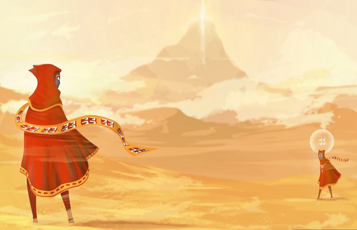 Journey game characters in a desert landscape