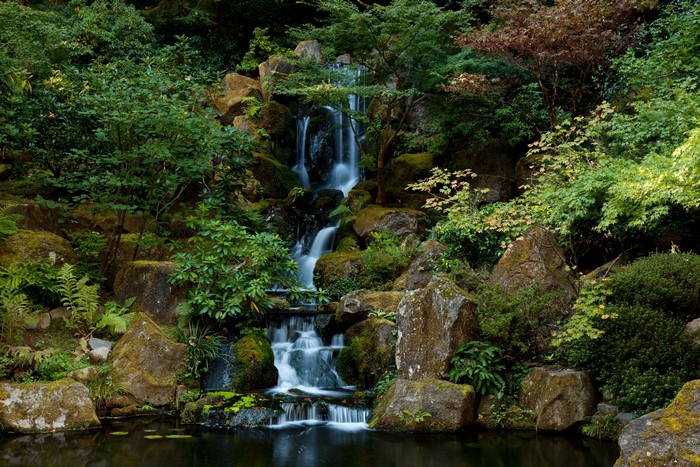 Waterfall in a Japanese Garden in Portland, Oregon