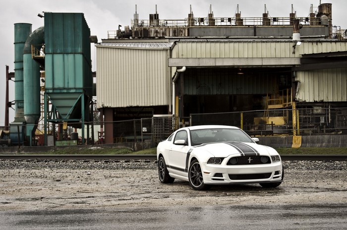 White Ford Mustang Boss with Black Stripes