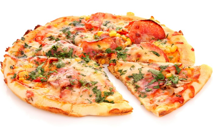 Pizza with salami and corn