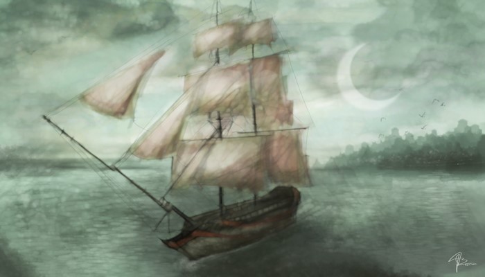 Sailing ship on the water under a crescent moon