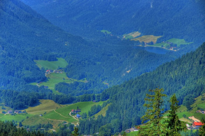 Scenic view of Ramsau, Germany with forests and a lake