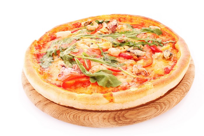 Seafood Pizza on Wooden Board
