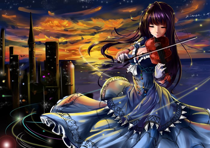 Girl playing violin in city at sunset