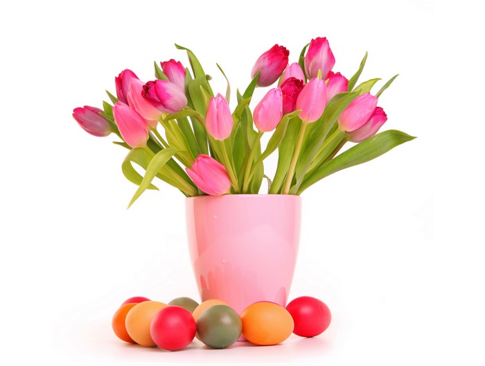 Pink Tulips in a Pink Vase with Easter Eggs