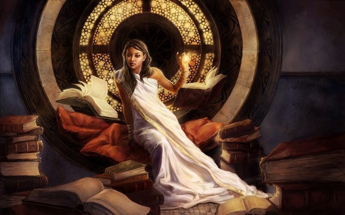 Woman reading books with magical light