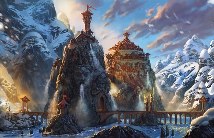 Fantasy mountain city with waterfalls and bridges