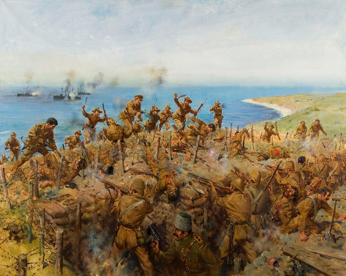 Soldiers in battle at the coast, painting by Terence Cuneo