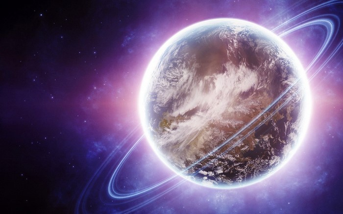 Planet with rings in space