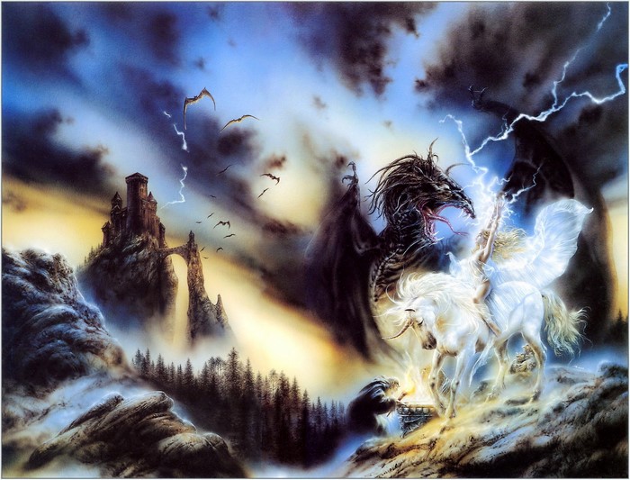 Fantasy art with dragon, unicorn, and castle