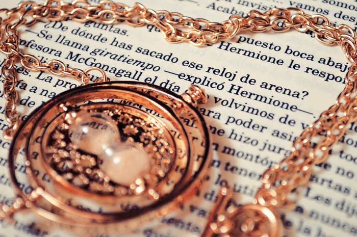 Gold chain and time turner on book