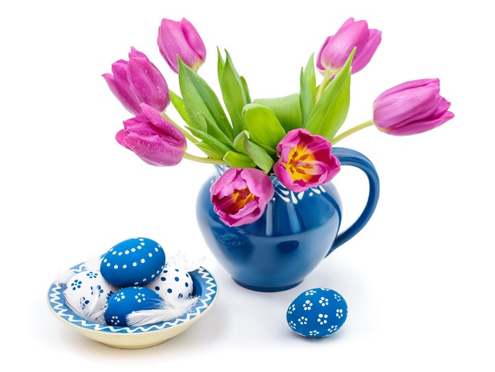 Easter Tulips and Decorated Eggs in a Vase and Plate