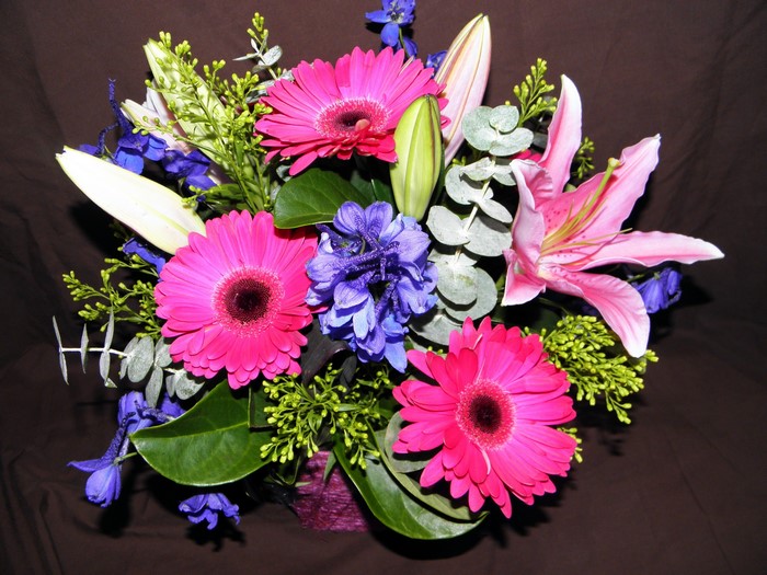 Bouquet of Pink Gerberas, Lilies, and Blue Delphiniums