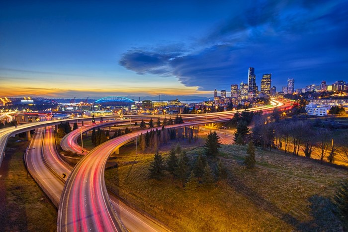 Seattle skyline and highway at night