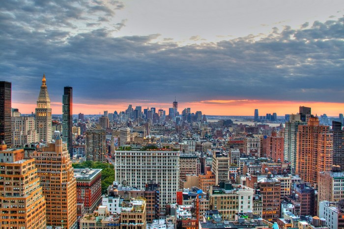New York City skyline at sunset with HDR effect