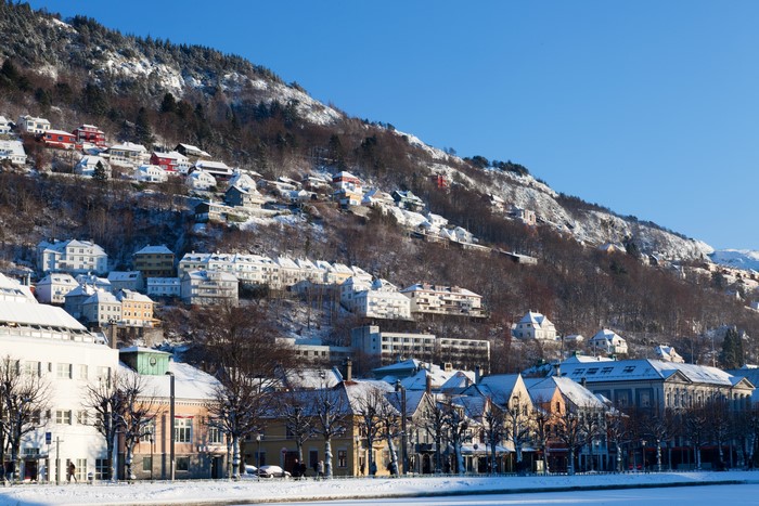 Houses on a snowy hill in Bergen, Norway