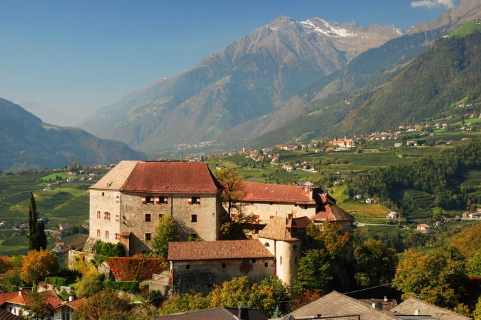 Castle in Schenna, Italy with Mountains