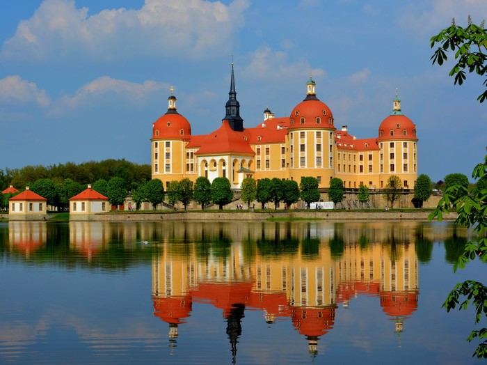 Moritzburg Castle reflected in water, Germany