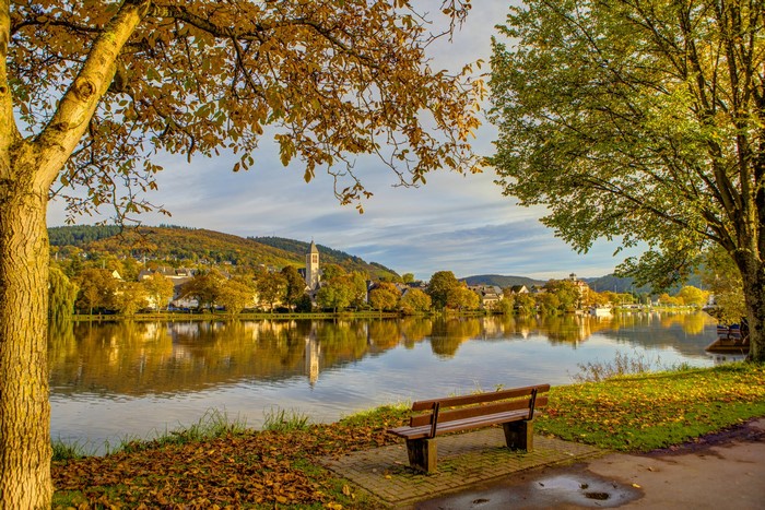 Riverfront town with autumn trees and a bench