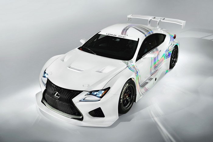 White Lexus RC F GT3 race car with colorful livery