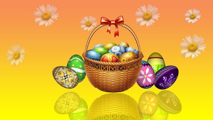 Easter basket with decorated eggs and daisies