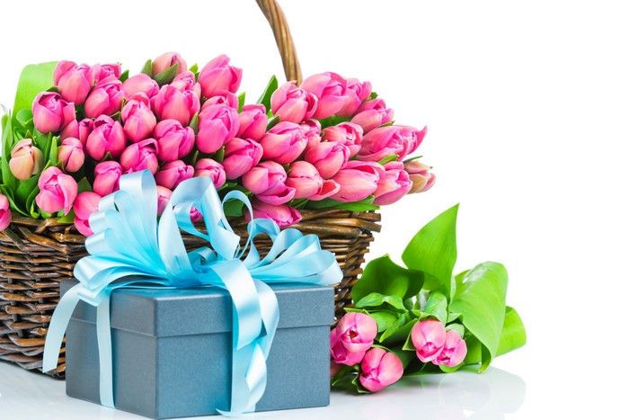Pink Tulips in Wicker Basket with Blue Gift Box