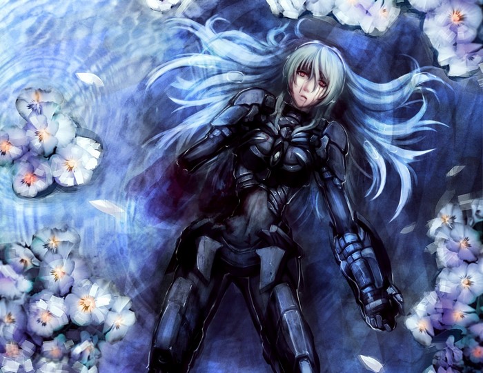 Woman in futuristic armor lying in water with flowers