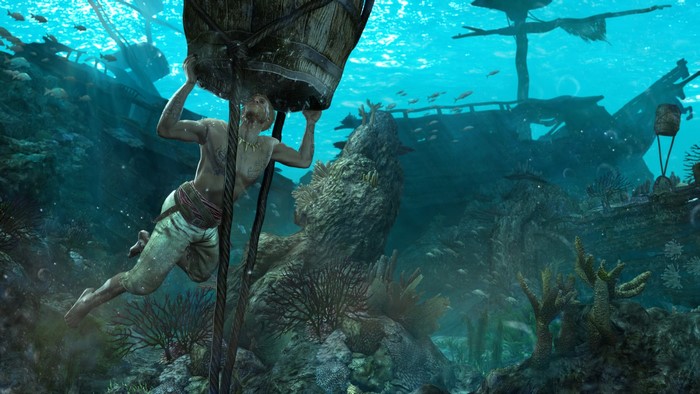 Man underwater near shipwreck in Assassin's Creed IV: Black Flag
