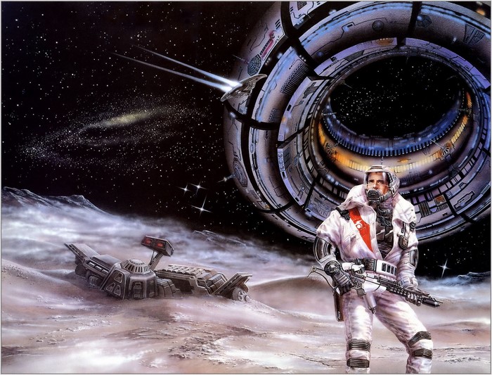 Astronaut with spaceship wreckage and ring station