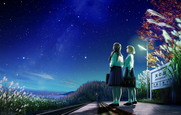 Two schoolgirls under a starry night sky at a train station